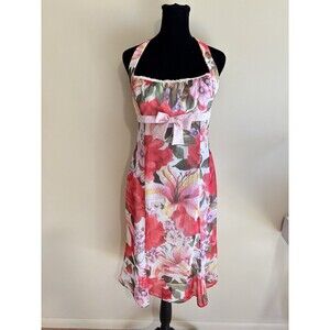 ESCADA Vintage Y2K Pink Multi-Color Silk Flared Bow Floral Halter Dress 36/2-4